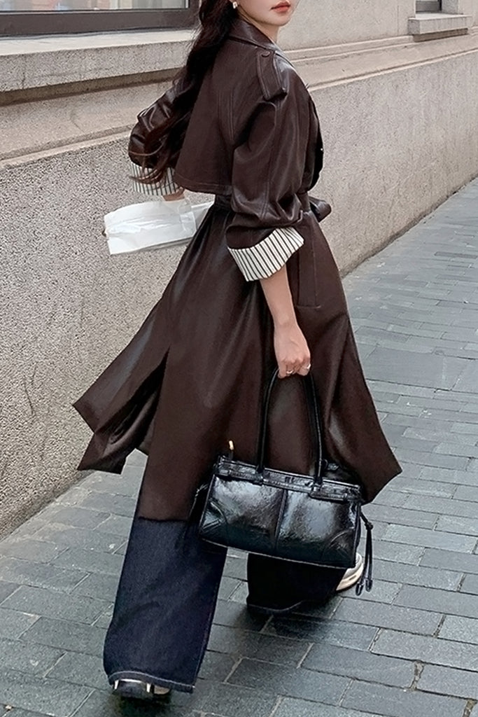 Super-Soft Protein Leather Belted Trench Coat in Brown  Fibflx