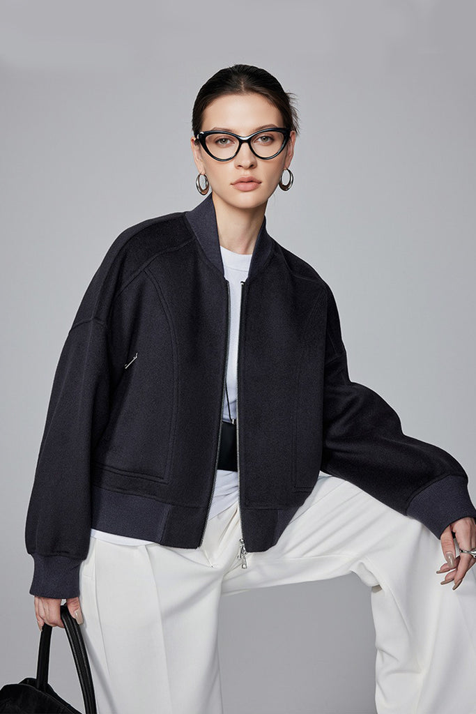 Super-Soft Wool-Cashmere Zipper Bomber Jacket  Fibflx