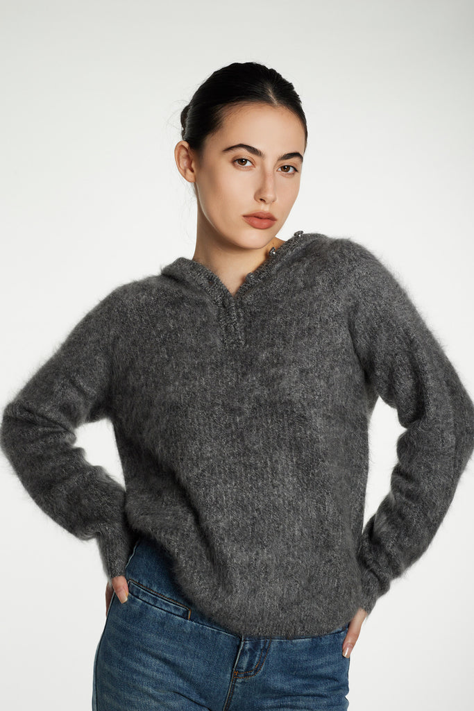 Supersoft Brushed Cashmere Marled Sweater Hoodie  Fibflx