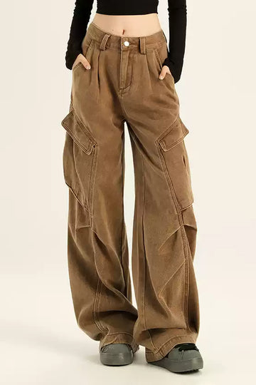 Fibflx Women's Supper Baggy Wide-Leg Low-Rise Cargo Pants