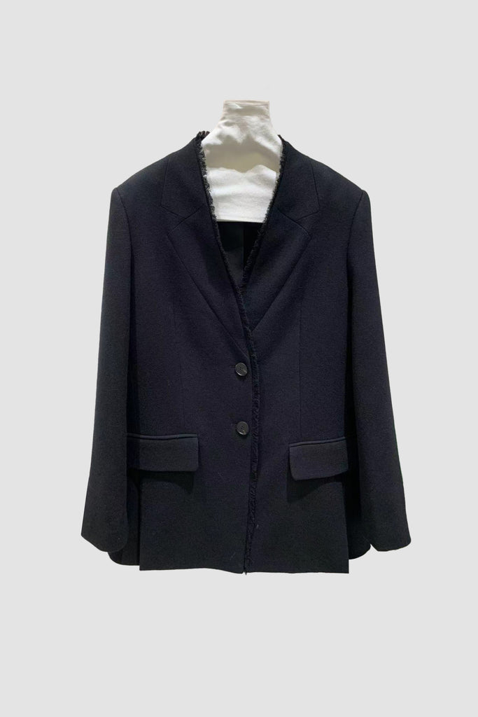 Tailored Collarless Wool Blazer with Fringe Trim  Fibflx