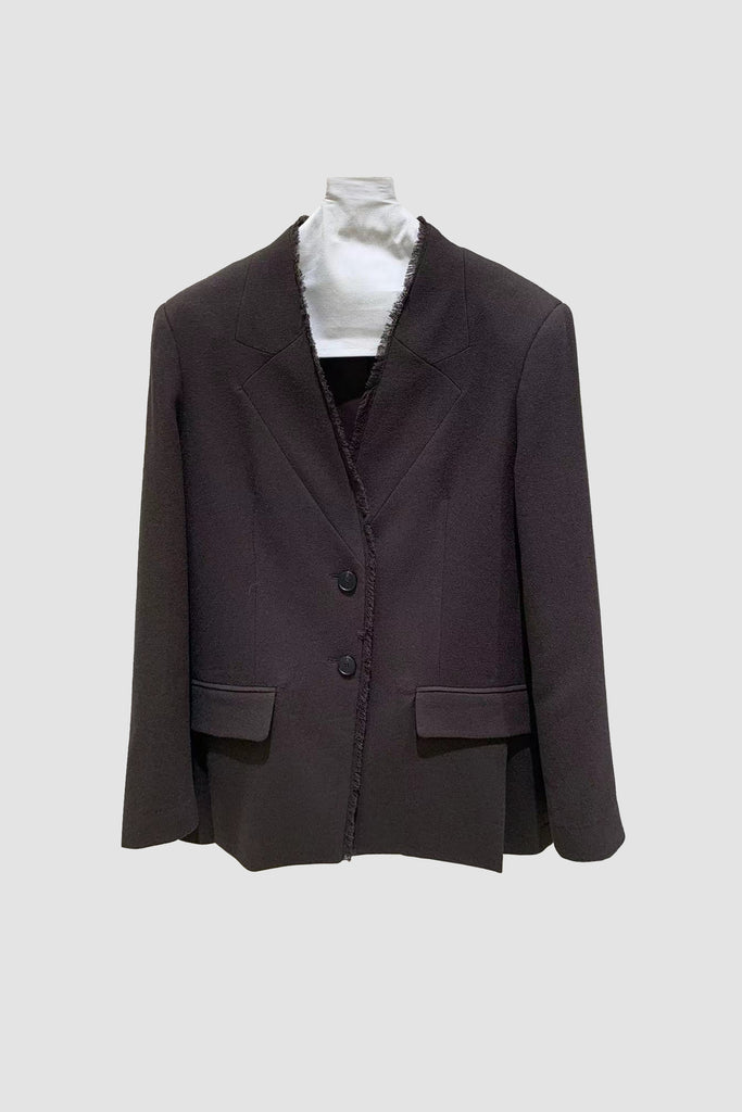 Tailored Collarless Wool Blazer with Fringe Trim  Fibflx