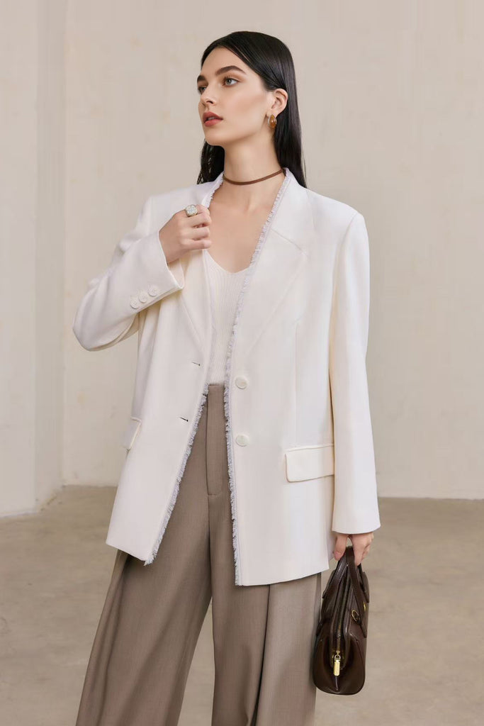 Tailored Collarless Wool Blazer with Fringe Trim  Fibflx