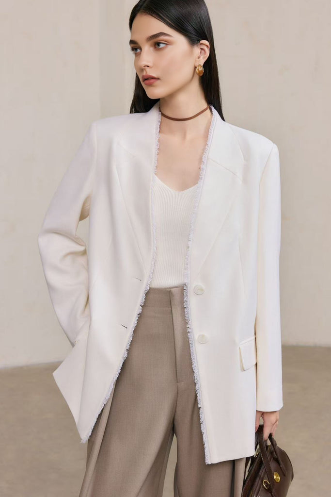 Tailored Collarless Wool Blazer with Fringe Trim  Fibflx