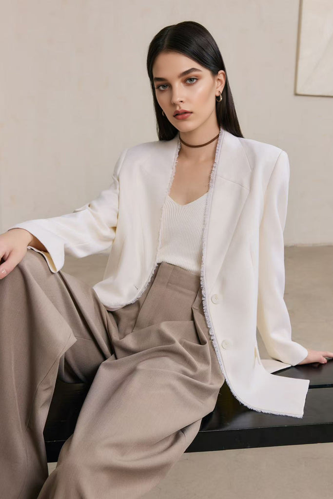 Tailored Collarless Wool Blazer with Fringe Trim  Fibflx