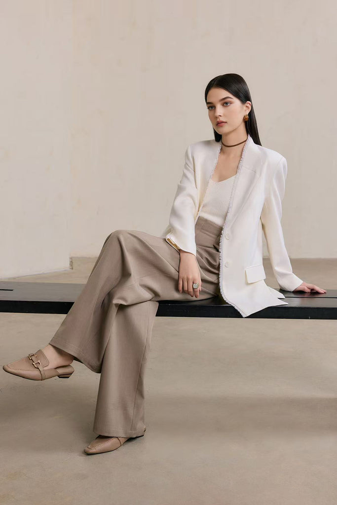 Tailored Collarless Wool Blazer with Fringe Trim  Fibflx