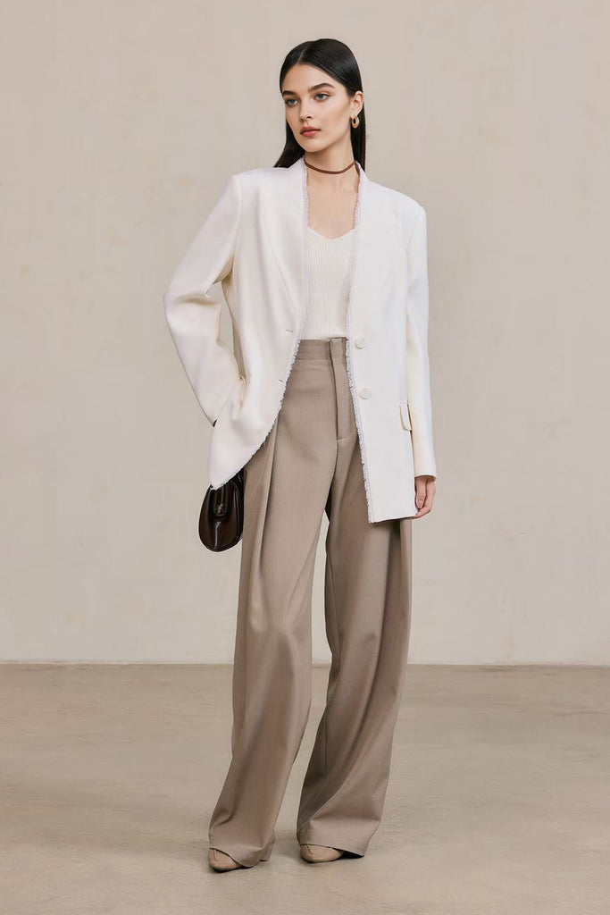 Tailored Collarless Wool Blazer with Fringe Trim  Fibflx