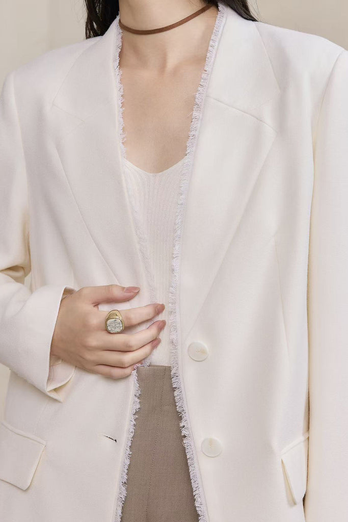 Tailored Collarless Wool Blazer with Fringe Trim  Fibflx