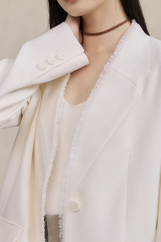 Tailored Collarless Wool Blazer with Fringe Trim  Fibflx