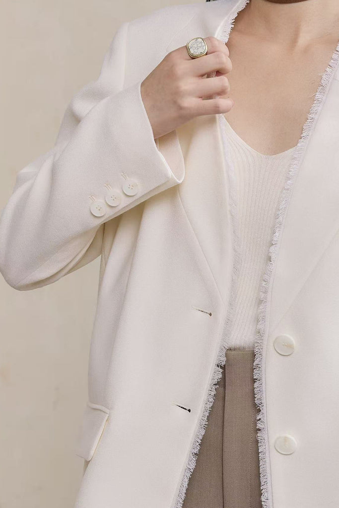 Tailored Collarless Wool Blazer with Fringe Trim  Fibflx