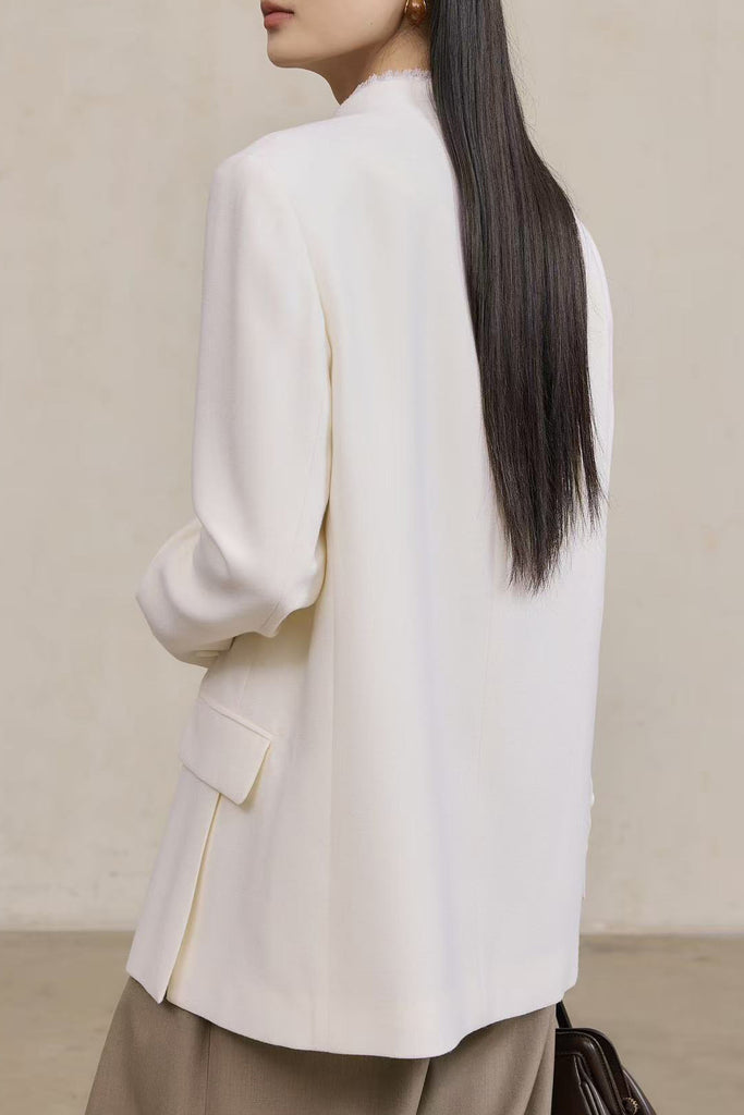 Tailored Collarless Wool Blazer with Fringe Trim  Fibflx