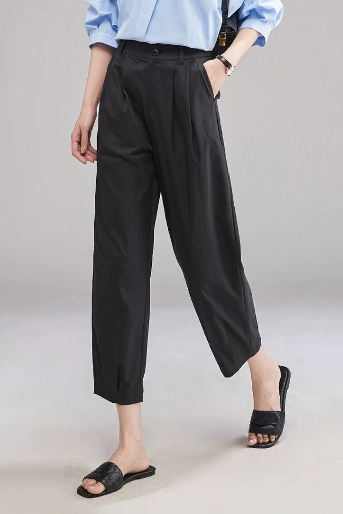 Tailored Cropped Pants with Front Pleats XL / Black / 100% polyester Fibflx