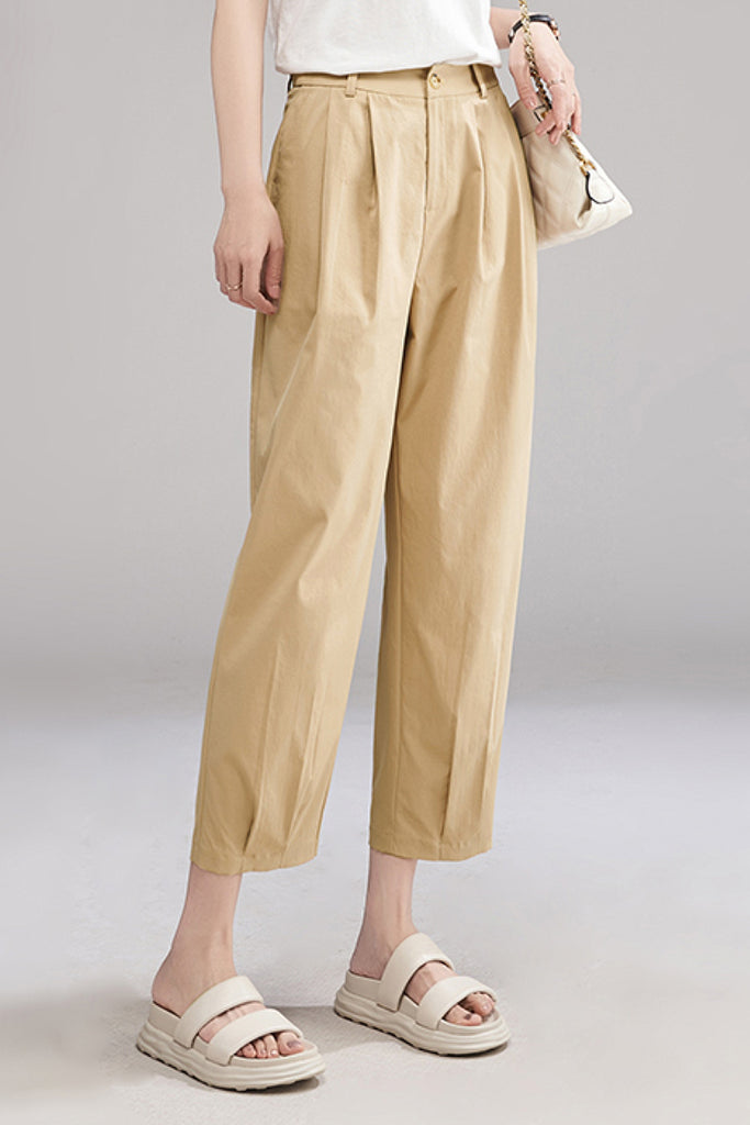 Tailored Cropped Pants with Front Pleats XL / Oak Beige / 100% polyester Fibflx