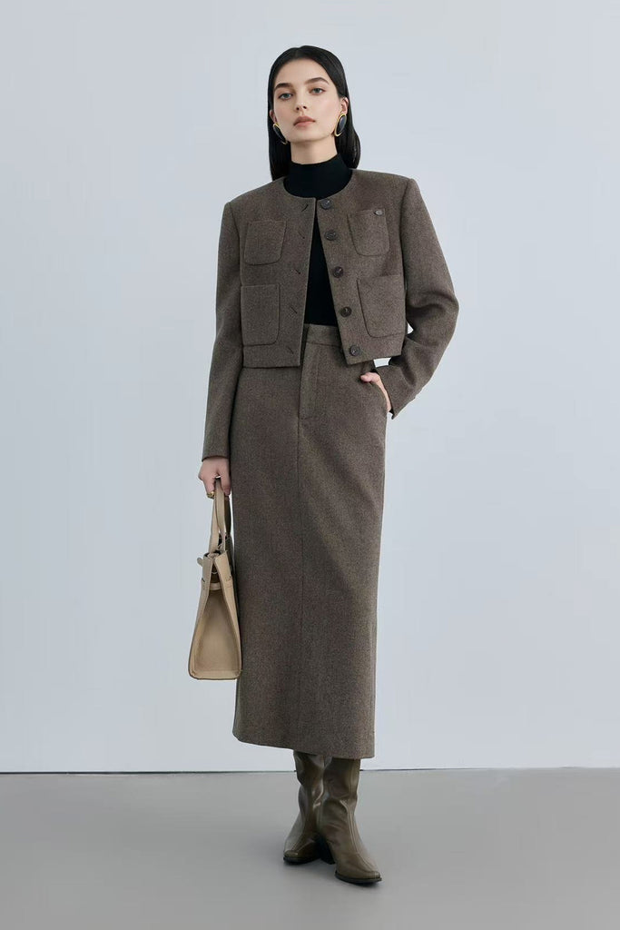 Tailored Herringbone Cashmere-Wool Column Midi Skirt  Fibflx