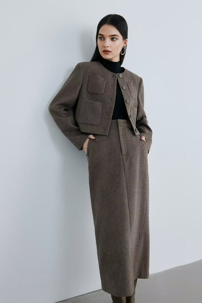 Tailored Herringbone Cashmere-Wool Column Midi Skirt  Fibflx