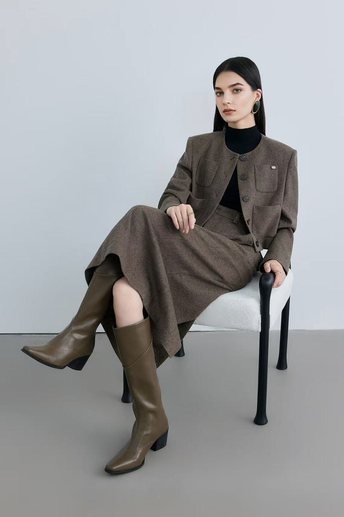 Tailored Herringbone Cashmere-Wool Column Midi Skirt  Fibflx