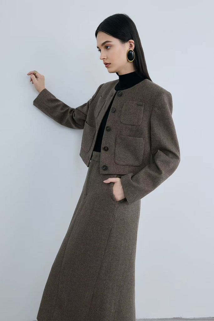 Tailored Herringbone Cashmere-Wool Column Midi Skirt  Fibflx