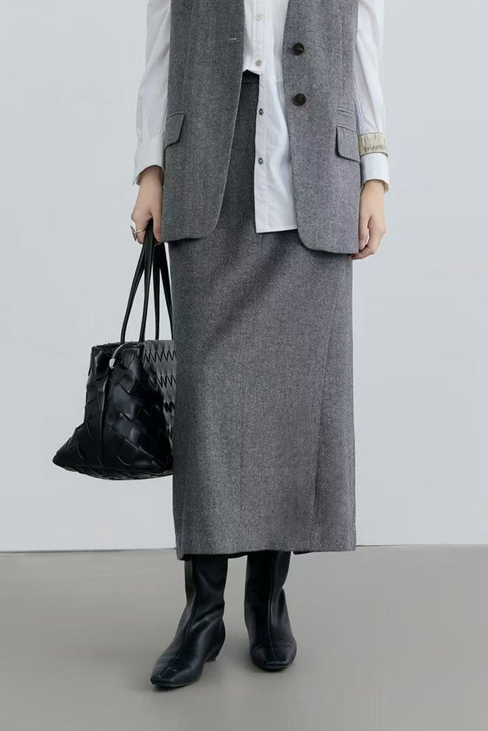 Tailored Herringbone Cashmere-Wool Column Midi Skirt  Fibflx