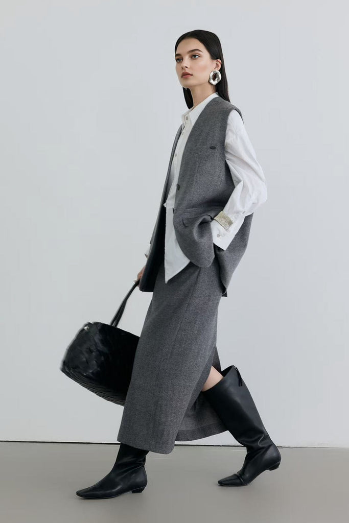 Tailored Herringbone Cashmere-Wool Column Midi Skirt  Fibflx