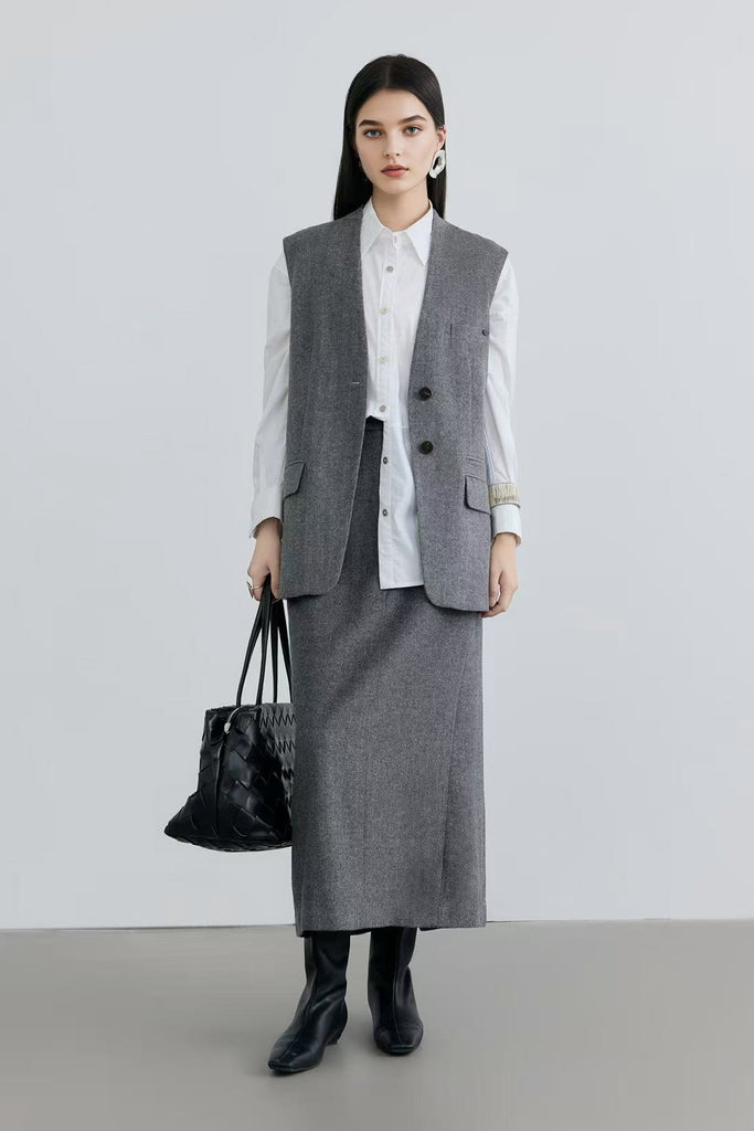 Tailored Herringbone Cashmere-Wool Column Midi Skirt  Fibflx