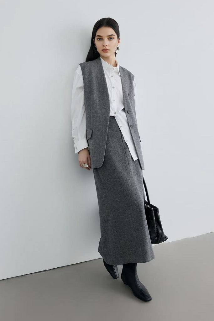 Tailored Herringbone Cashmere-Wool Column Midi Skirt  Fibflx