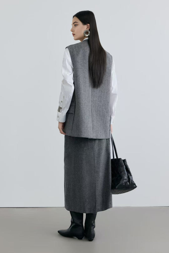 Tailored Herringbone Cashmere-Wool Column Midi Skirt  Fibflx