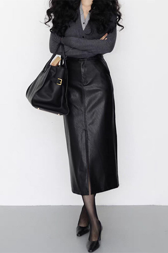 Tailored Lambskin Leather Midi Skirt with Front Slit  Fibflx