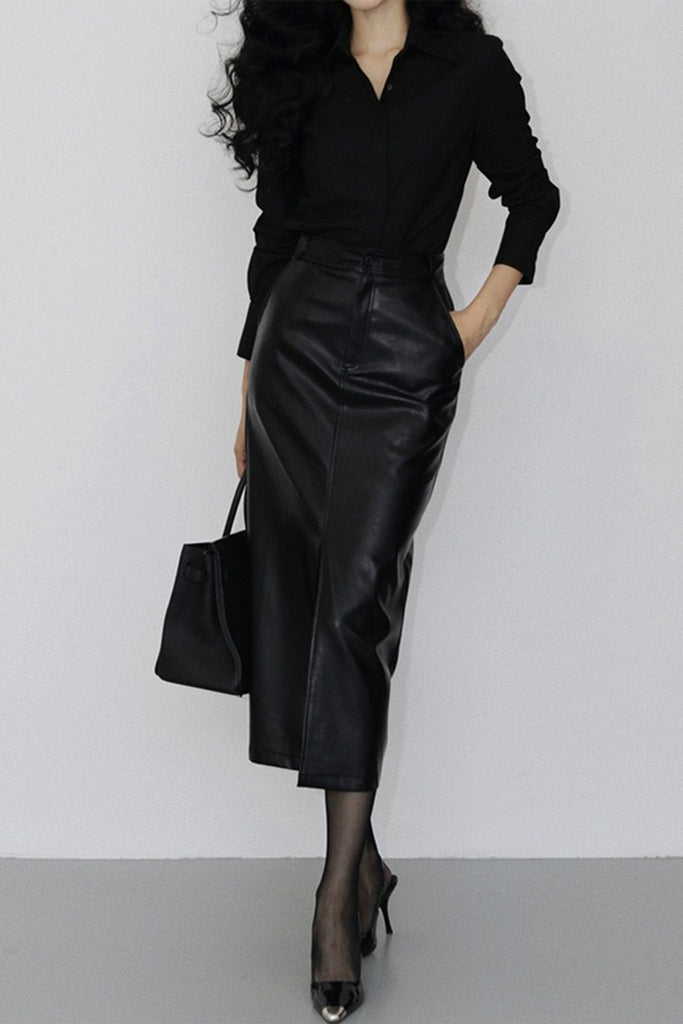 Tailored Lambskin Leather Midi Skirt with Front Slit  Fibflx