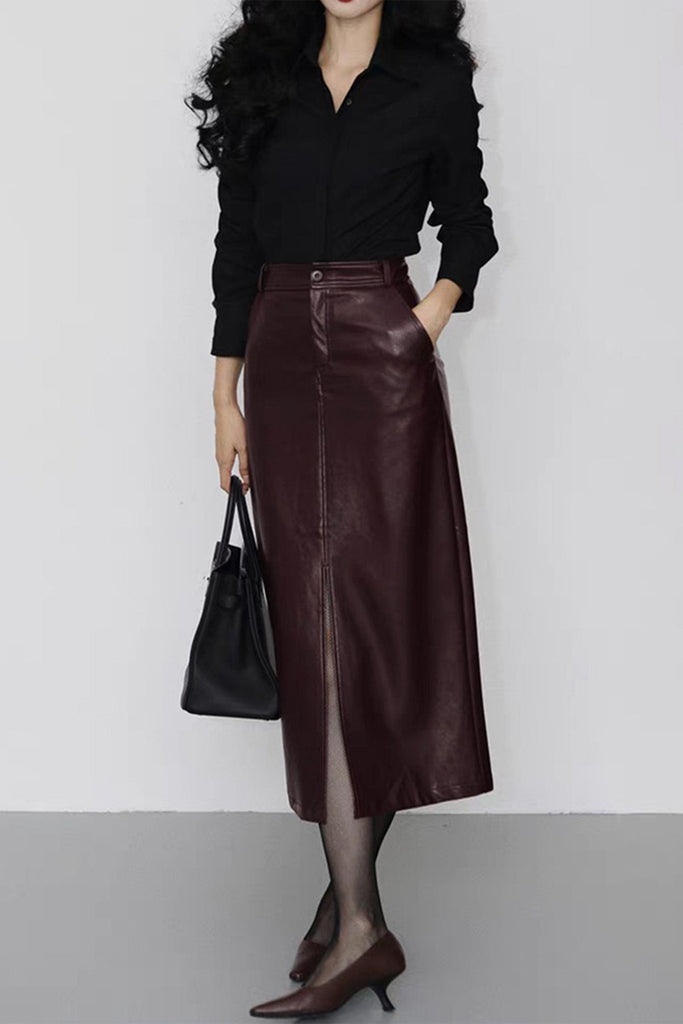 Tailored Lambskin Leather Midi Skirt with Front Slit  Fibflx