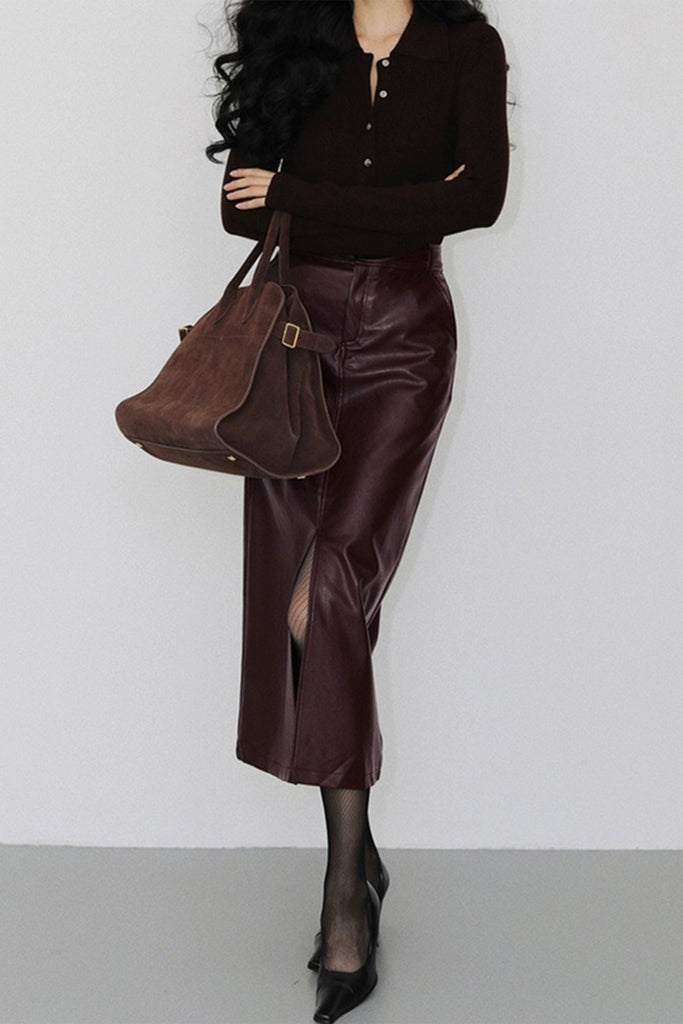 Tailored Lambskin Leather Midi Skirt with Front Slit  Fibflx