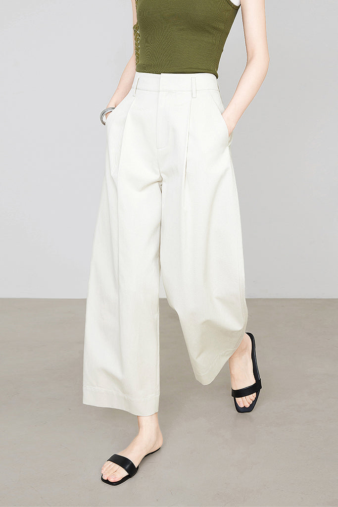 Tailored Wide-Leg Pleated Cropped Pants  Fibflx