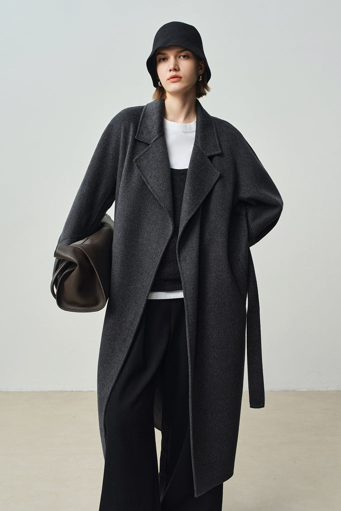 Tailored Wool-Cashmere Belted Long Wrap Coat  Fibflx
