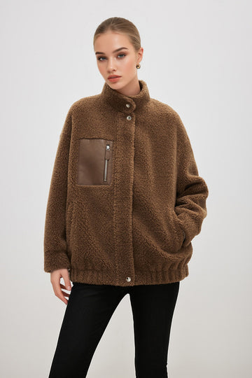 Fibflx Women's Teddy-Style Merino Sheepskin Shearling Bomber Jacket