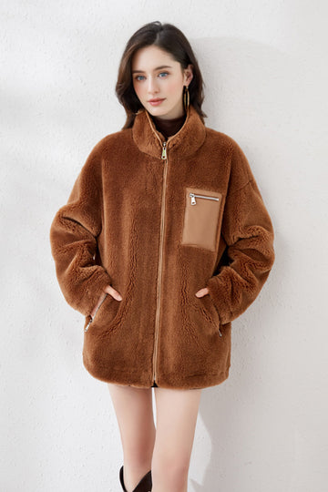 Fibflx Women's Teddy Wool Faux Shearling Funnel-Neck Jacket