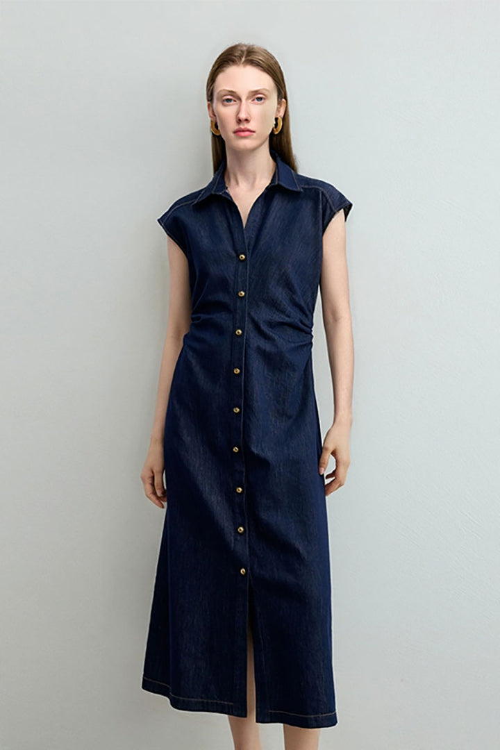 Tencel Denim Cap-Sleeve Button-Up Midi Shirt Dress with Ruched Waist M / Navy Blue / 63.9% Cotton 36.1% Lyocell