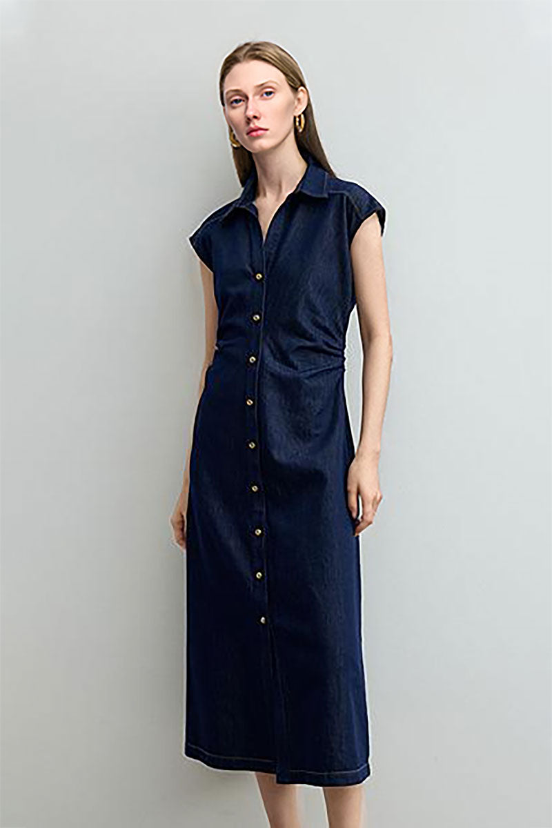 Tencel Denim Cap-Sleeve Button-Up Midi Shirt Dress with Ruched Waist M / Navy Blue / 63.9% Cotton 36.1% Lyocell