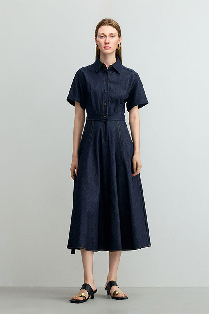 Tencel Denim Short-Sleeve Button-Up Midi Shirt Dress S / Mid Night Blue / 63.9% Organic Cotton 36.1% Lyocell