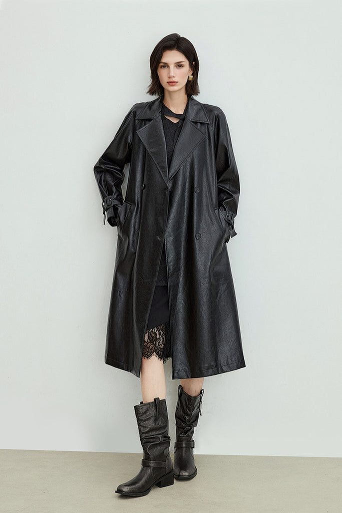 Textured Leather Double-Breasted Belted Trench Coat in Black  Fibflx