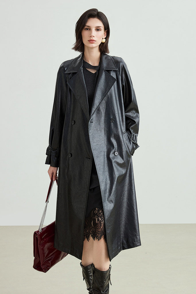 Textured Leather Double-Breasted Belted Trench Coat in Black  Fibflx