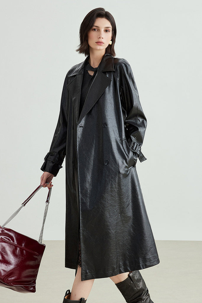 Textured Leather Double-Breasted Belted Trench Coat in Black  Fibflx