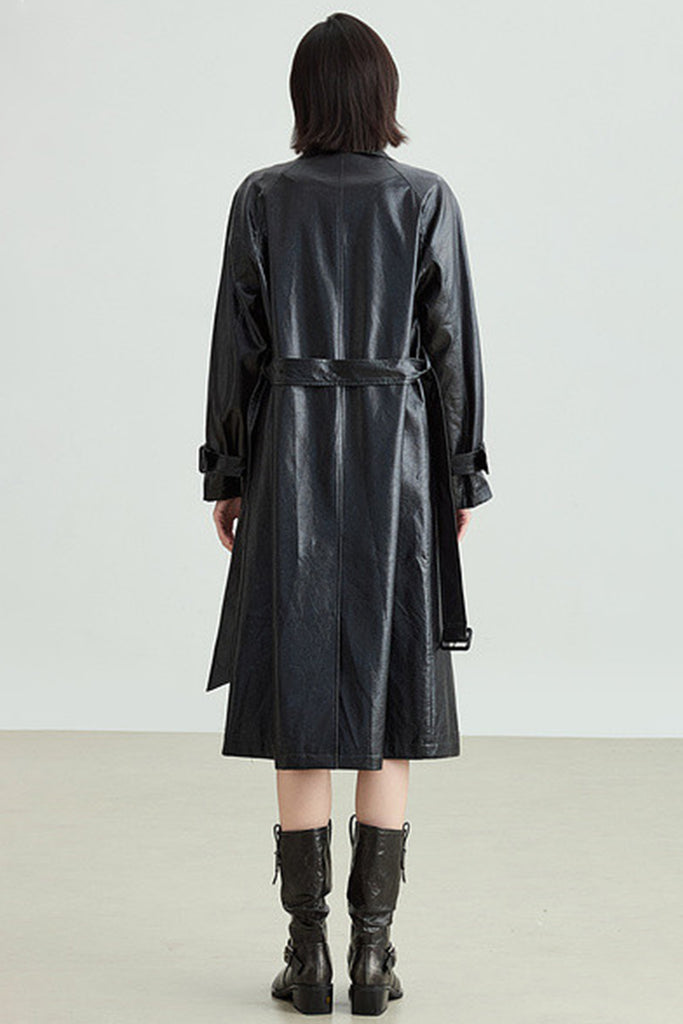 Textured Leather Double-Breasted Belted Trench Coat in Black  Fibflx