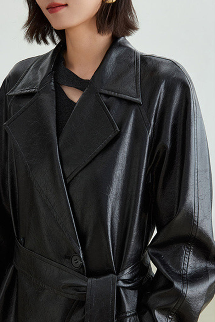 Textured Leather Double-Breasted Belted Trench Coat in Black  Fibflx