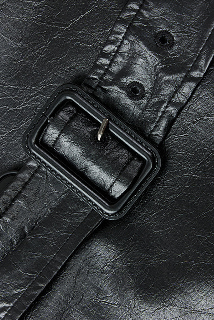 Textured Leather Double-Breasted Belted Trench Coat in Black  Fibflx