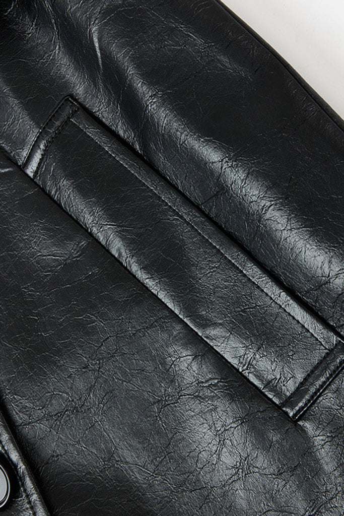 Textured Leather Double-Breasted Belted Trench Coat in Black  Fibflx