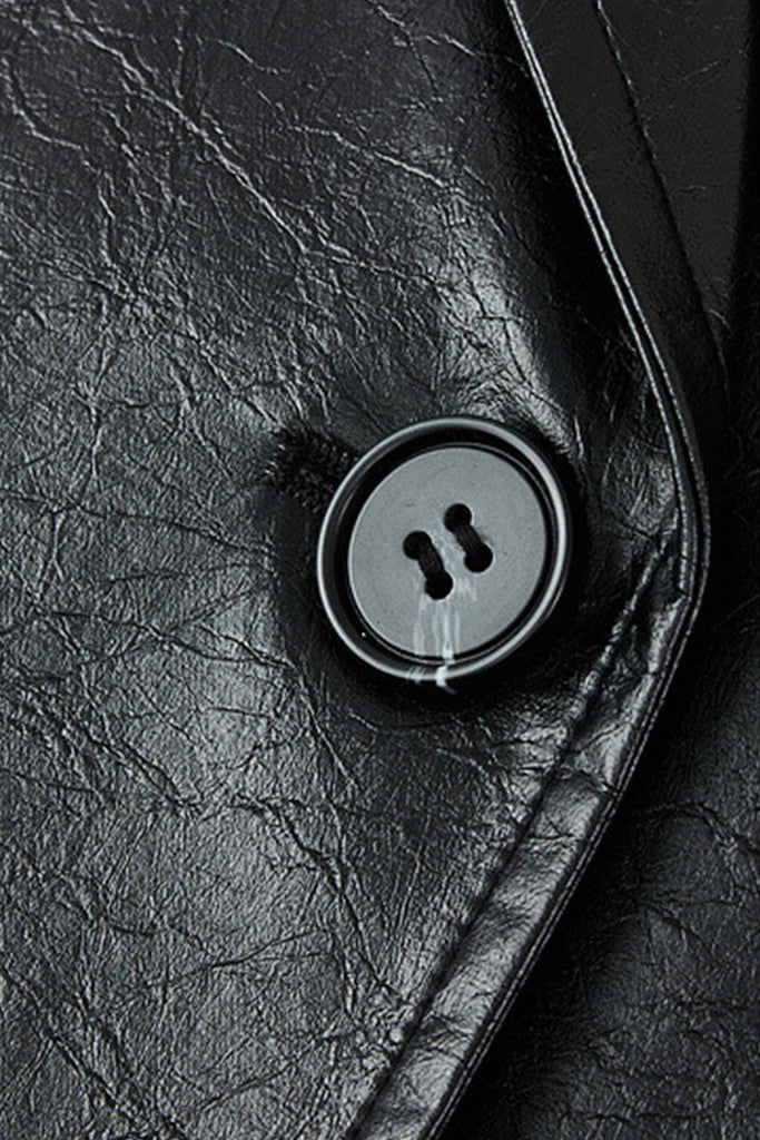 Textured Leather Double-Breasted Belted Trench Coat in Black  Fibflx