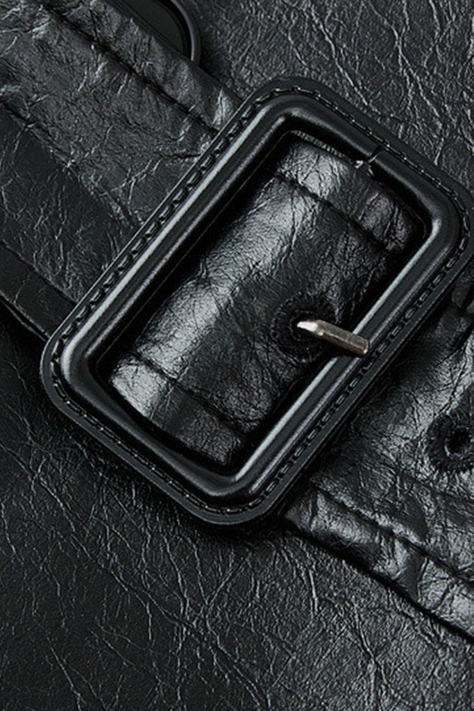 Textured Leather Double-Breasted Belted Trench Coat in Black  Fibflx