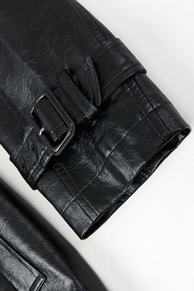 Textured Leather Double-Breasted Belted Trench Coat in Black  Fibflx