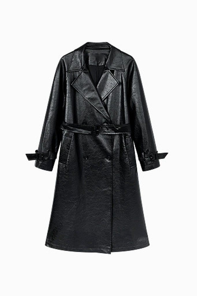 Textured Leather Double-Breasted Belted Trench Coat in Black  Fibflx