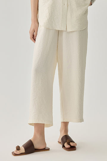 Fibflx Women's Textured Mulberry Silk Pull-On Wide-Leg Cropped Pants with Drawstring