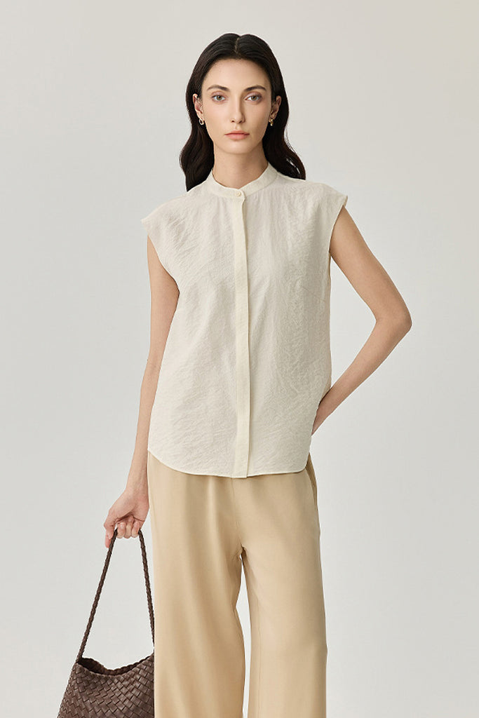 Fibflx Women's Textured Mulberry Silk Sleeveless Button-Down Shirt with Mandarin Collar